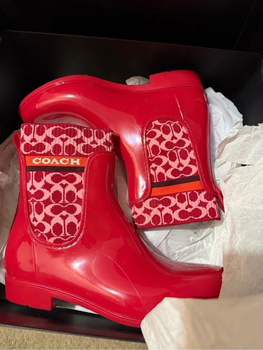 COACH Bright Red Gloss Chelsea Rain Boots with Signature Knit